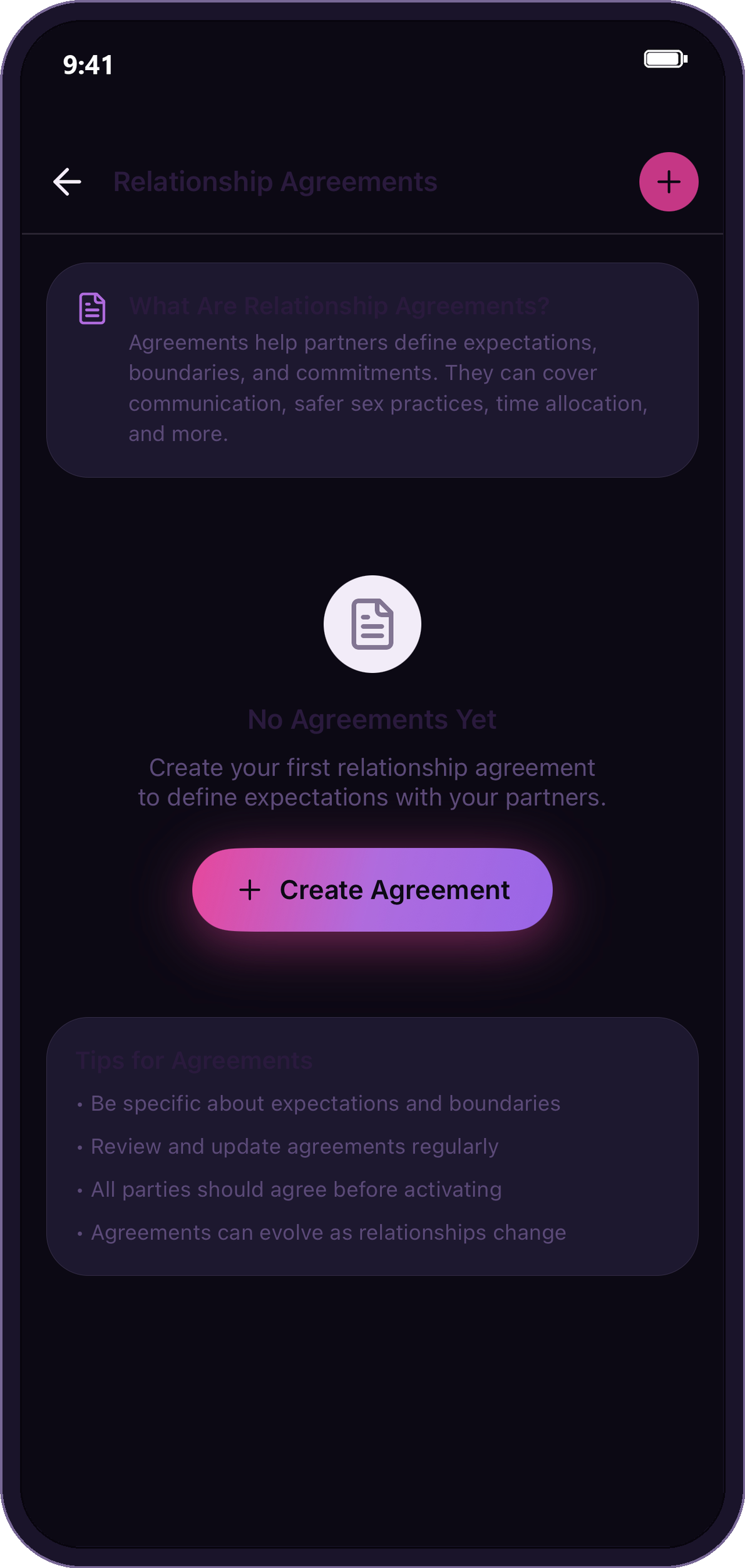 Relationship agreements screen